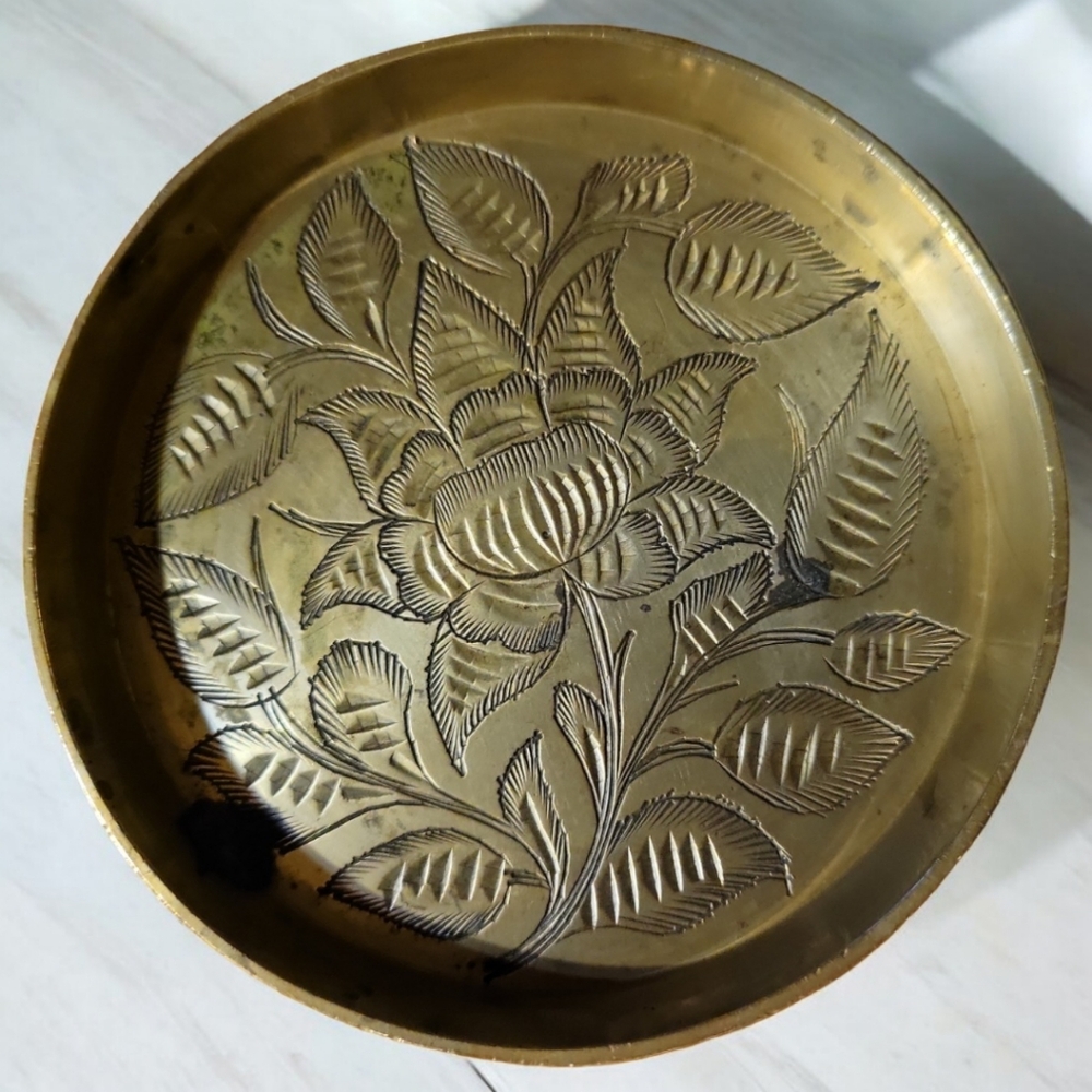 Vtg 70's Handcrafted India Floral Etched Brass Drink Coaster (#1)